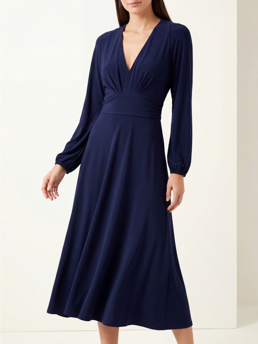 Moda International Navy Long-Sleeve V-Neck Midi Dress